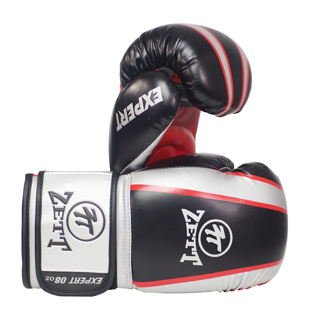 Zett Expert boxing gloves in black, palm and wrist strap view