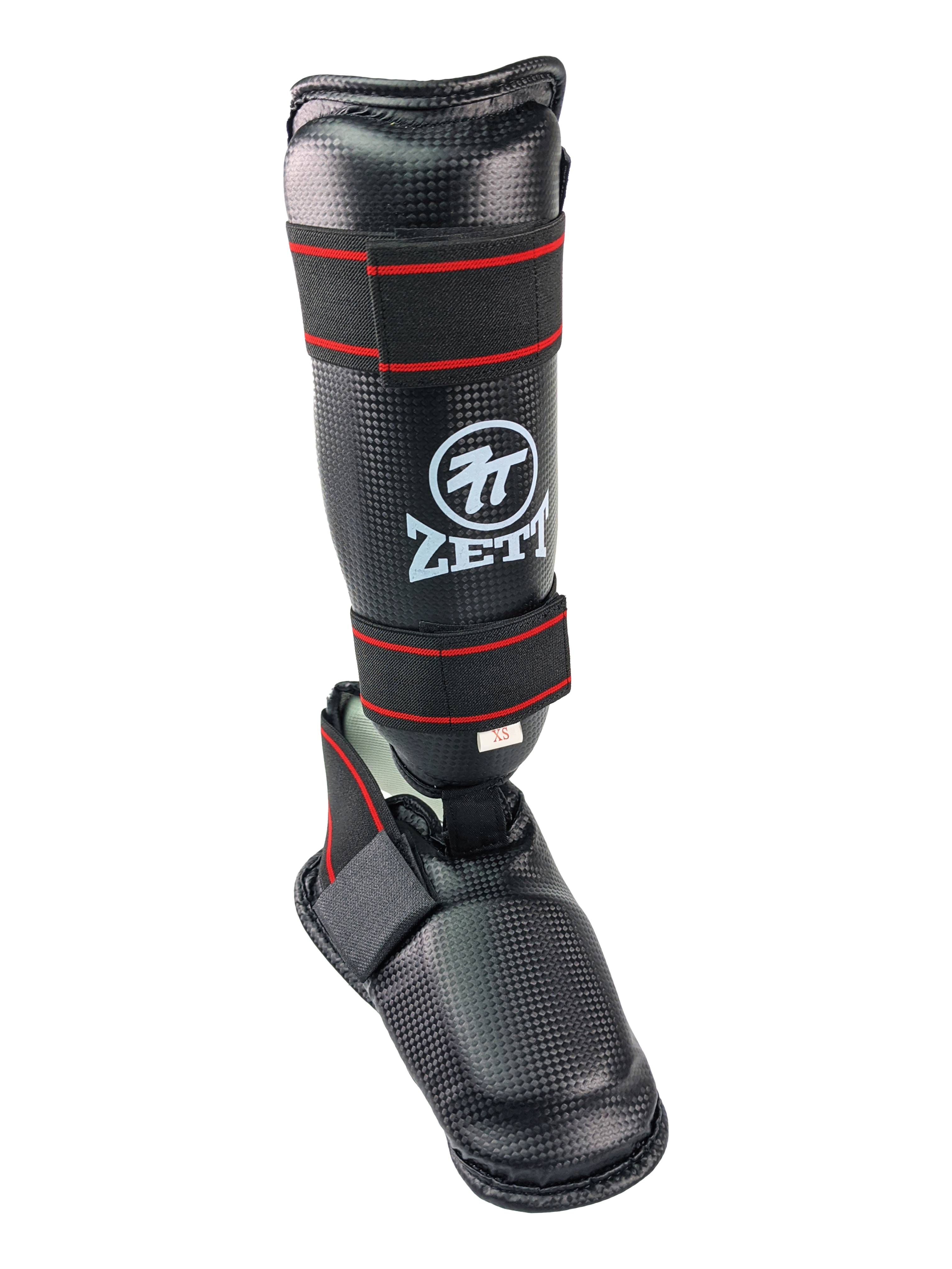 Zett tournament karate shin and insteps in black, front view