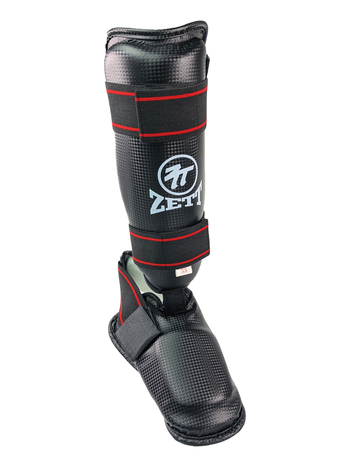 Zett tournament karate shin and insteps in black, front view