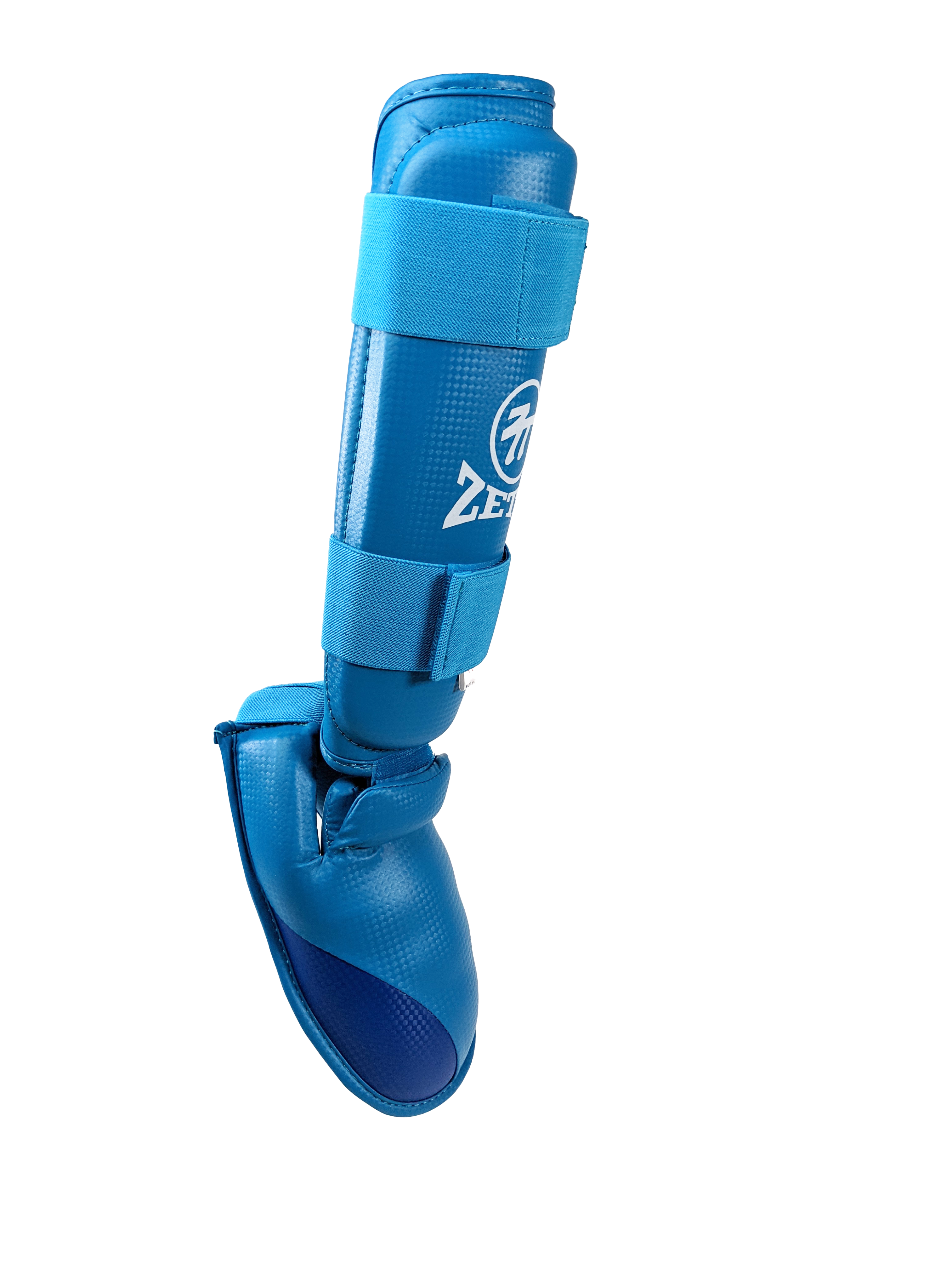Zett tournament karate shin and insteps in blue, side front view