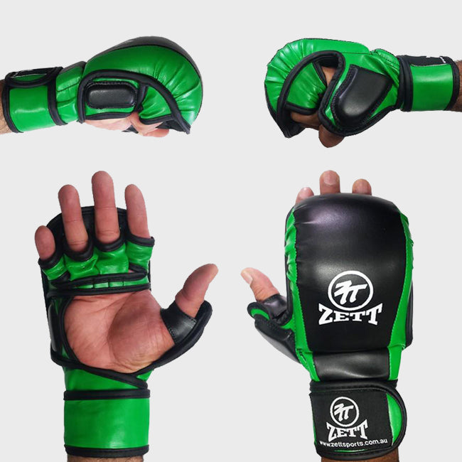 Zett MMA sparring gloves in PU, green and black