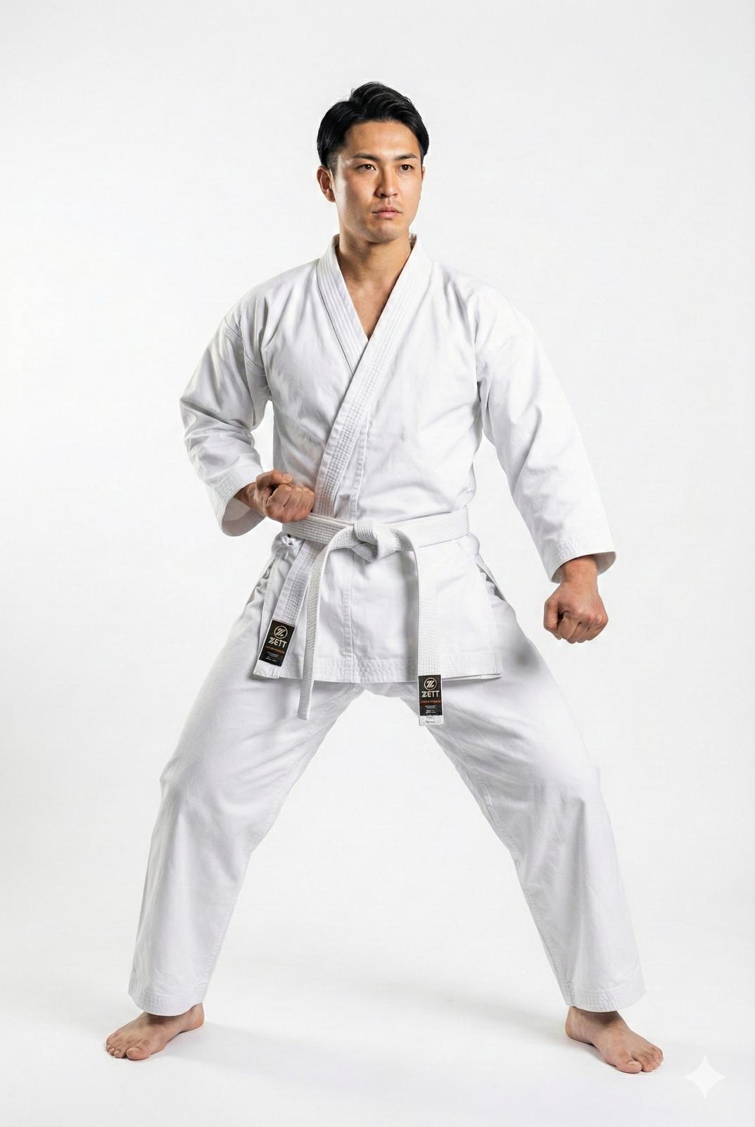 Zett Lightweight Karate Gi in white, worn