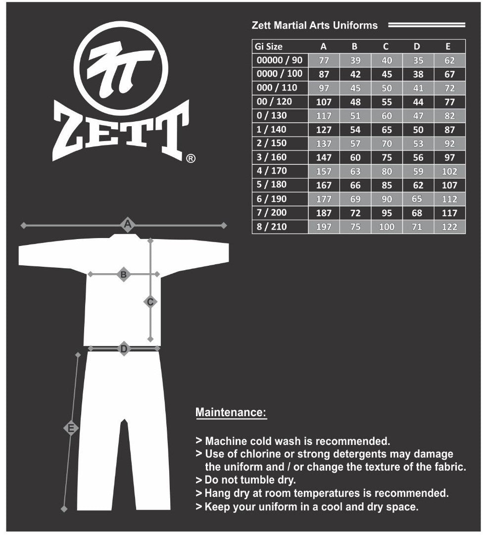 Zett Lightweight Karate Gi size chart