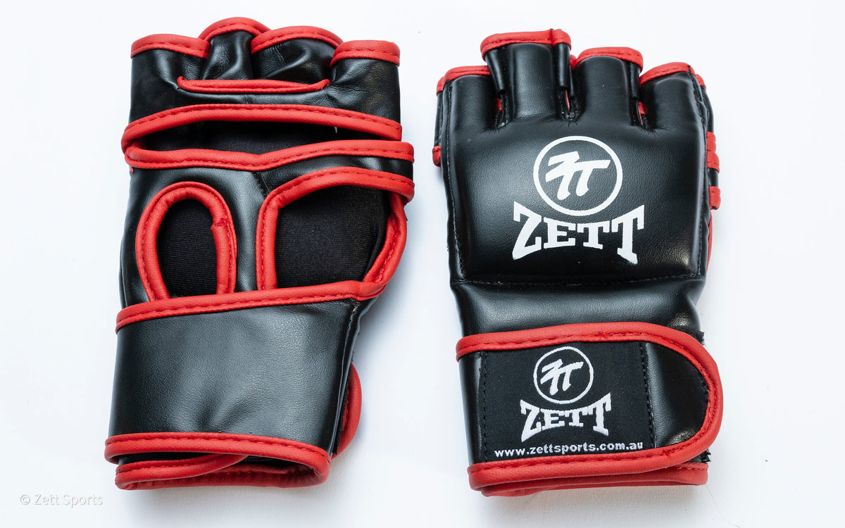 Zett MMA gloves in black, palm and wrist view