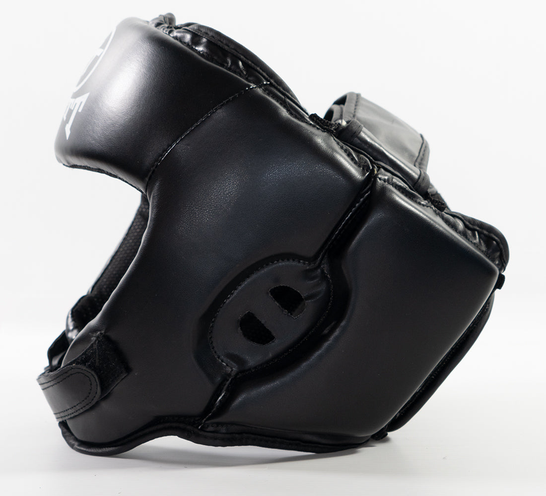 Zett open face head guard, angled view
