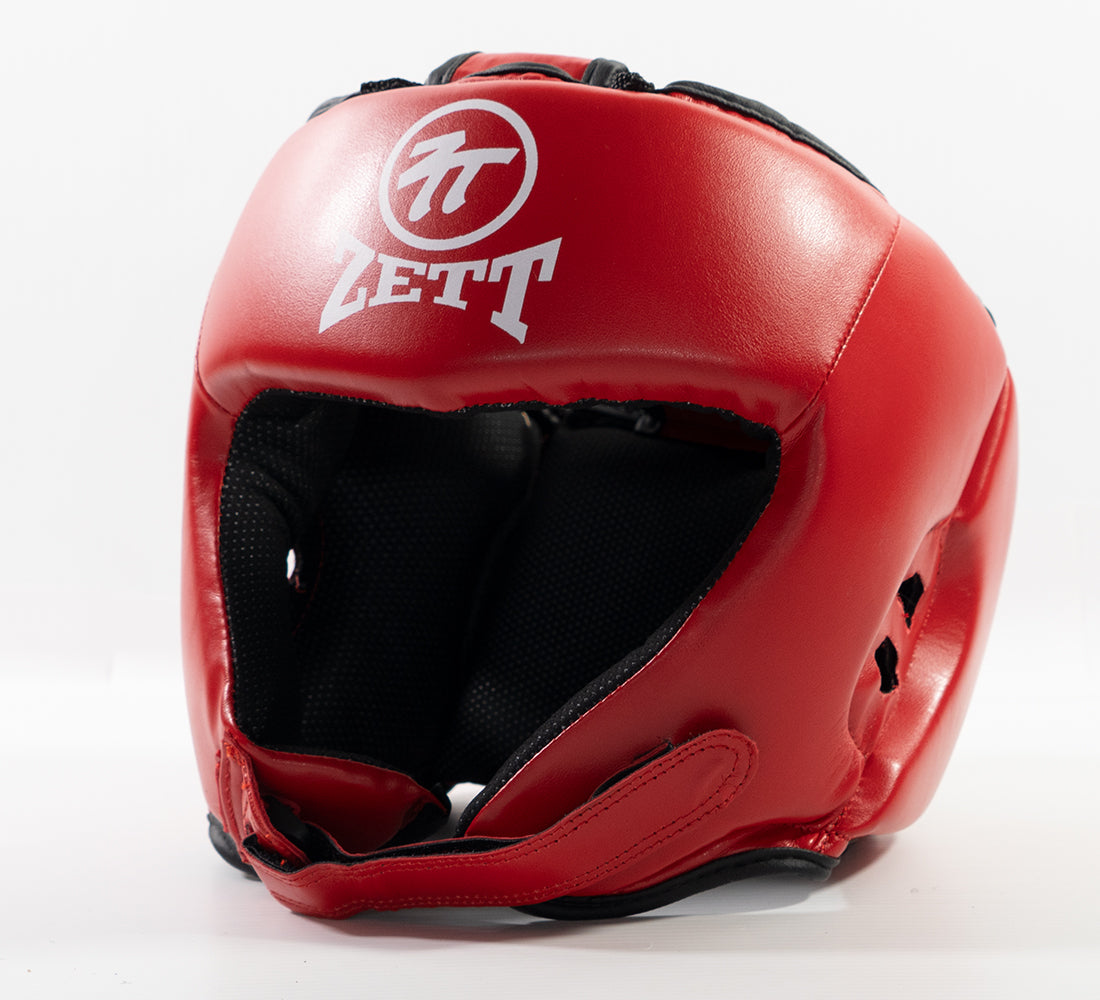 Zett open face head guard, back view