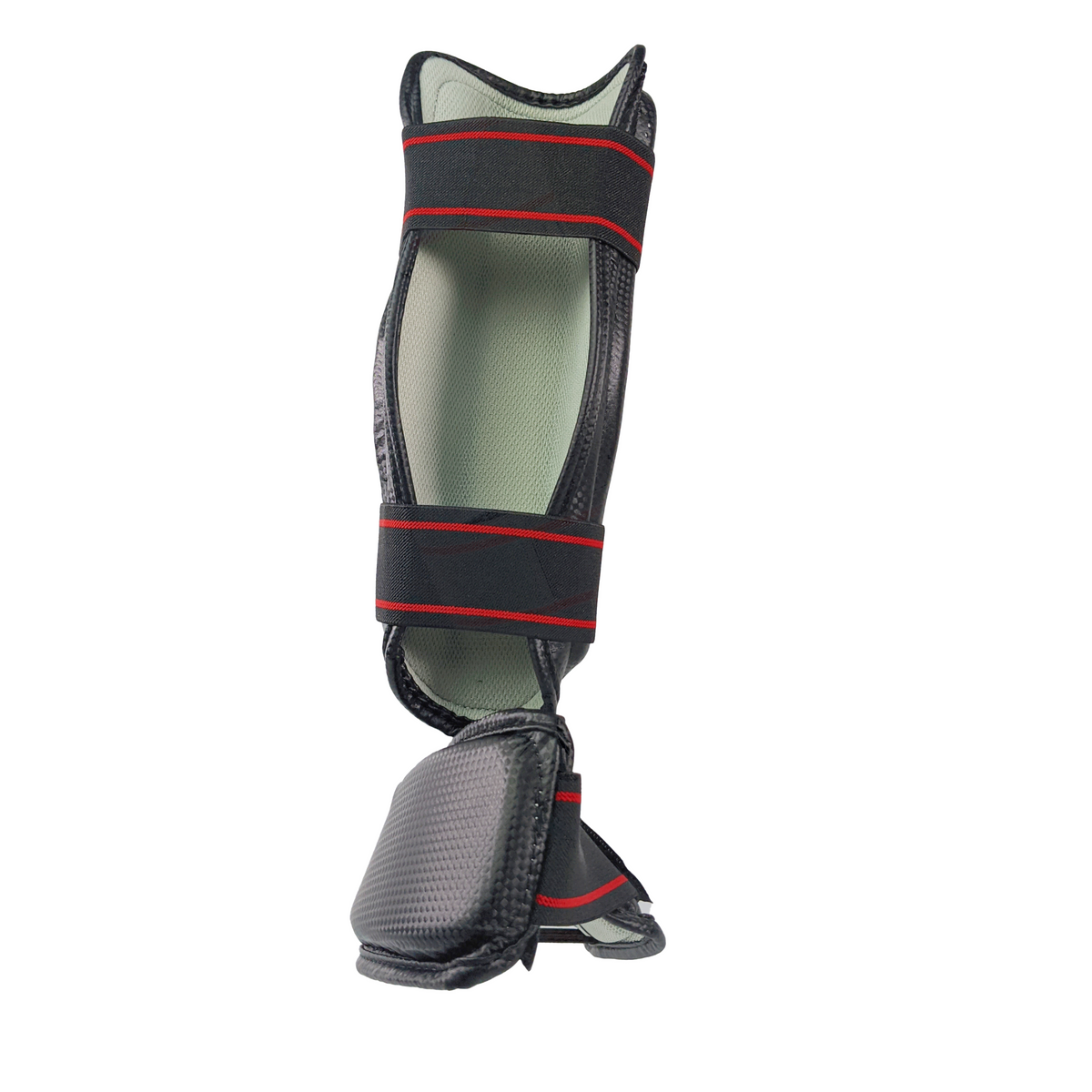 Zett tournament karate shin and insteps in black, back view