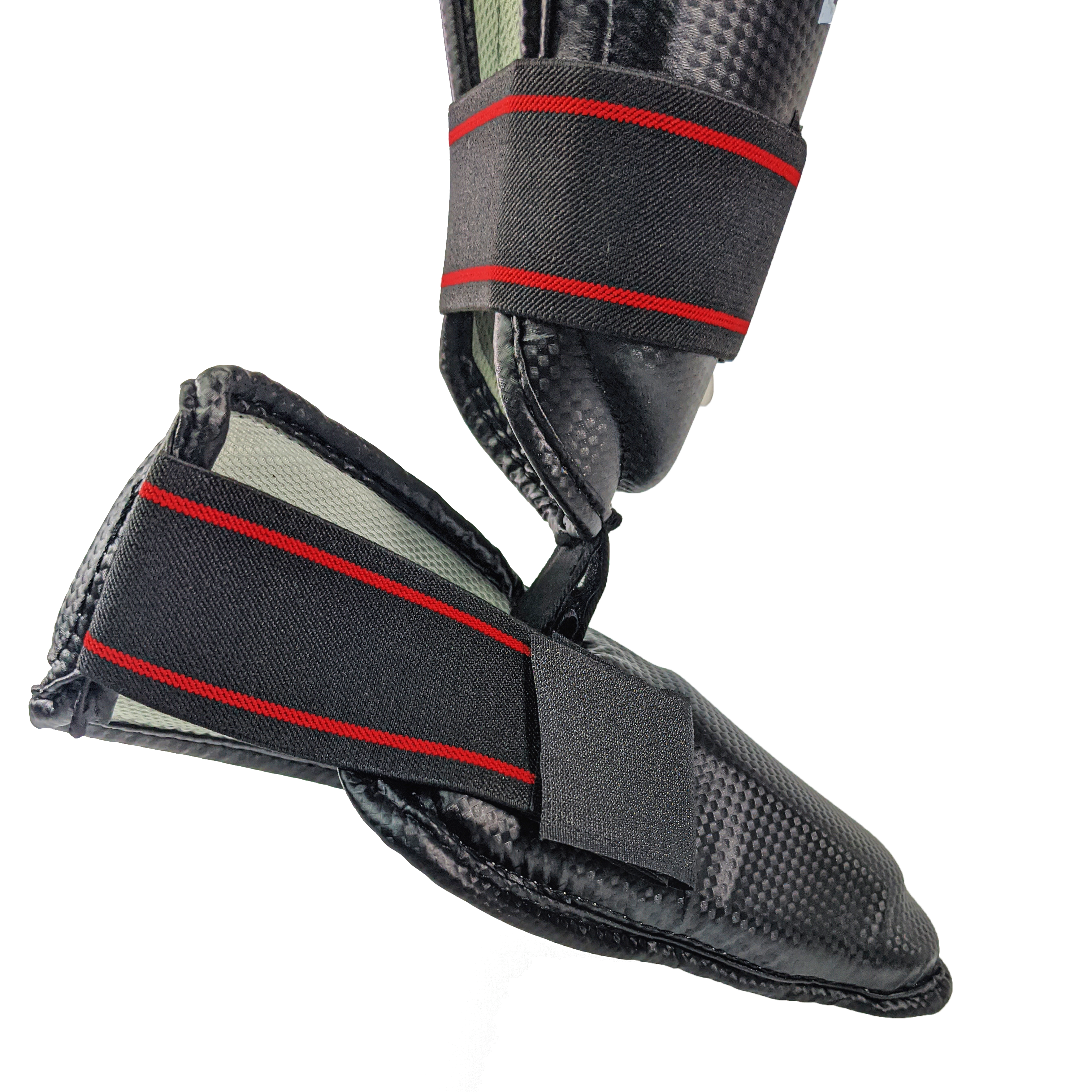 Zett tournament karate shin and insteps in black, side view