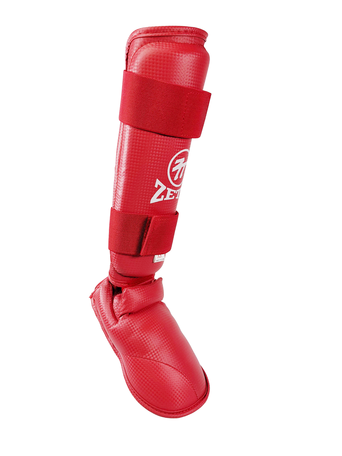 Zett tournament karate shin and insteps in red, side front view