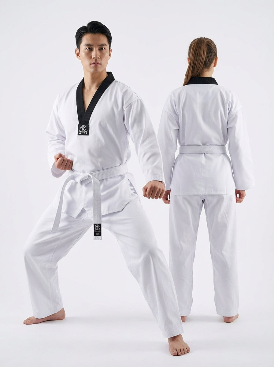 Zett Ribbed TKD Dobuk taekwondo uniform in black, front view